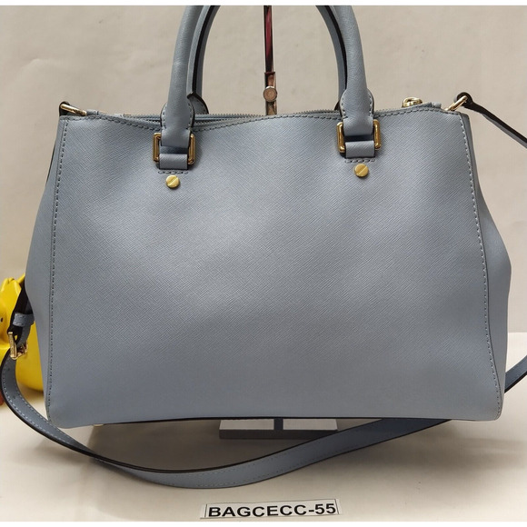 Michael Kors Blue Crossgrain Leather Carryall Double Handle Zipper Satchel Bag - Picture 2 of 16